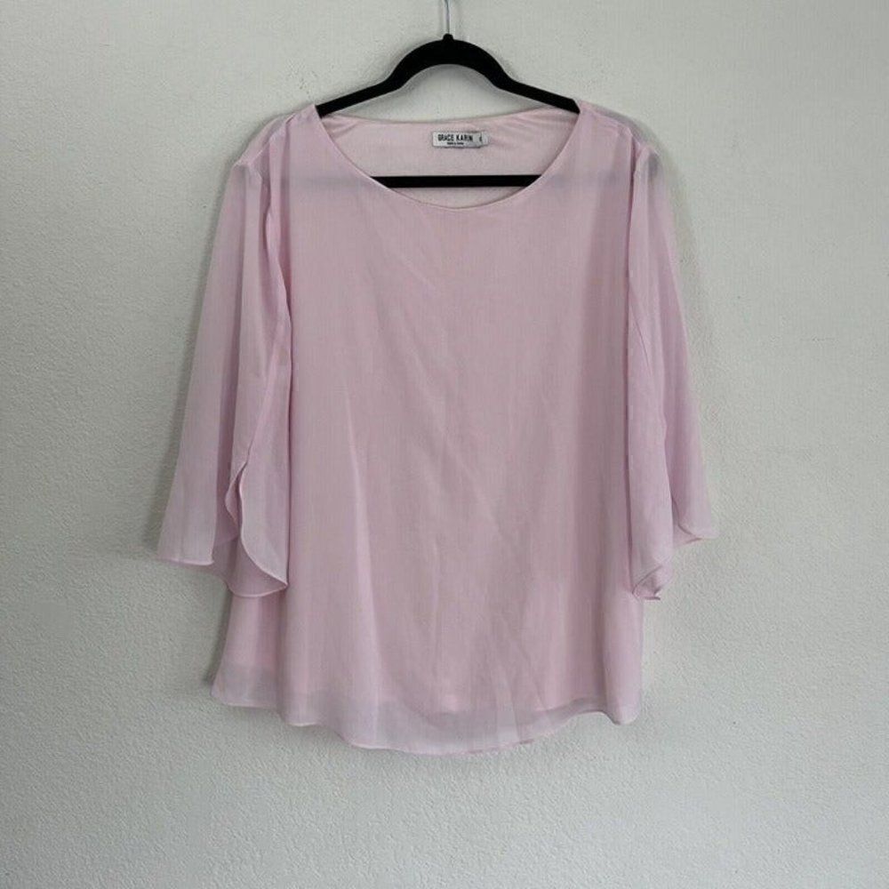 Grace Karin Womens Plus Size XXL Baby Pink Blouse Top Wide Split Flare Sleeves - Picture 1 of 9